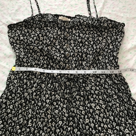 FOREVER 21 Floral Mini Dress M Fit Black Off White Waist Tie Buttons - Picture 10 of 16